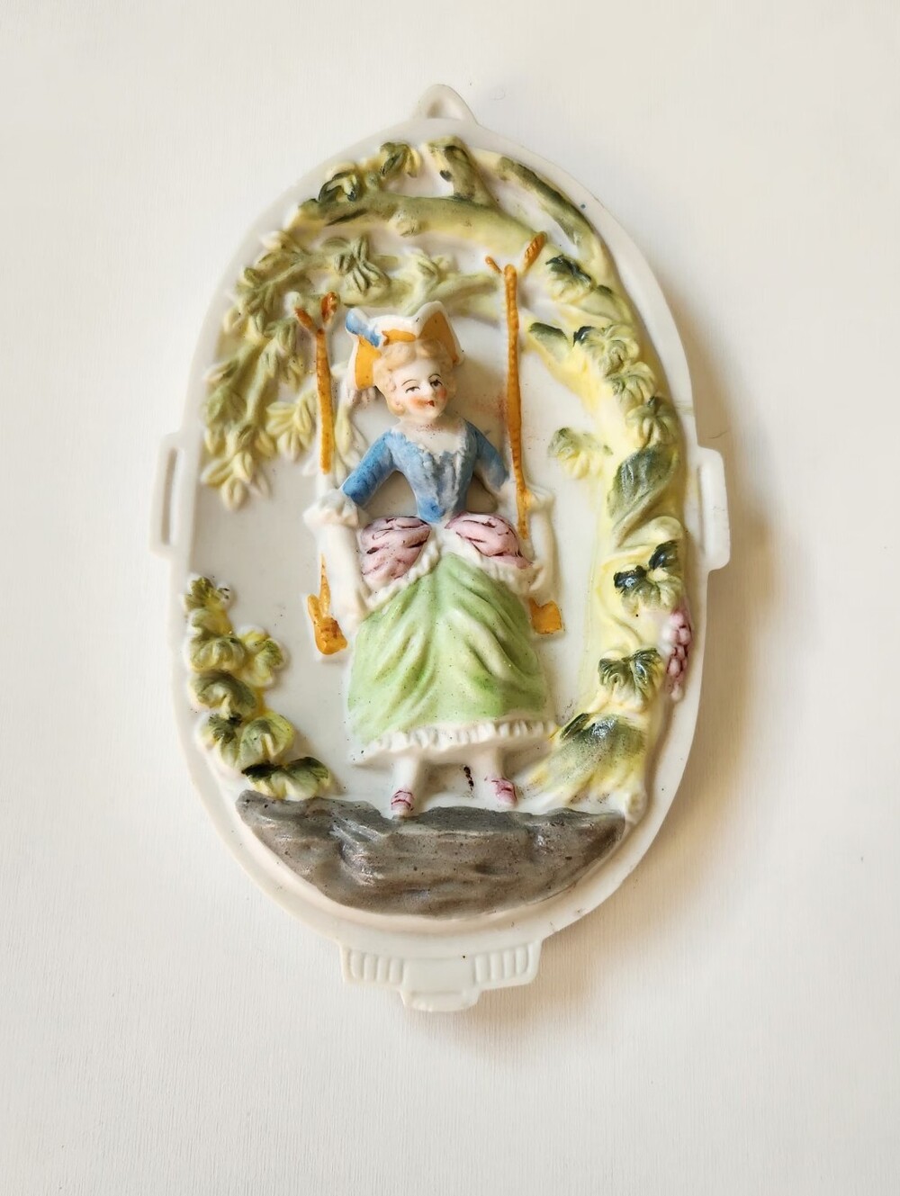 Vintage Porcelain Plaque Wall Hanging with Seated Girl on Swing - Pastel Colors